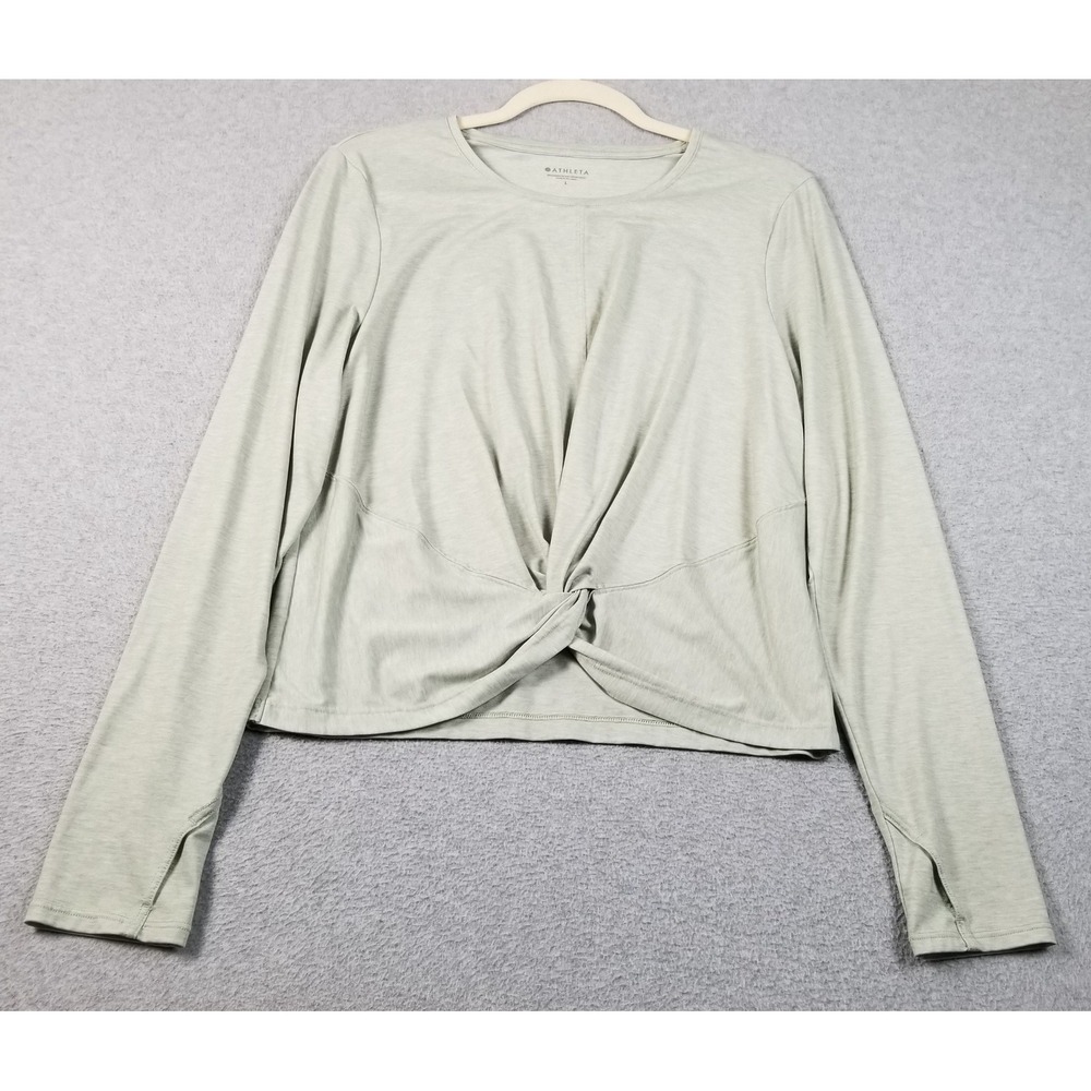 Athleta Top Womens Large Green Long Sleeve Twist Front Thumbhole Yoga Athleisure